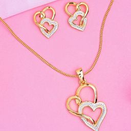Estele Gold & Rhodium Plated Heart Shaped Lock Pendant Set with Crystals-image-6