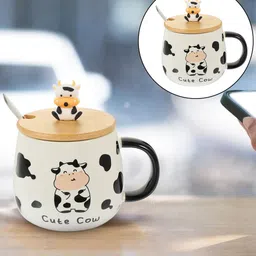 BonZeaL White Printed Glossy Cute Cow Mug With Lid And Spoon Tea Coffee Cup-480ml-47