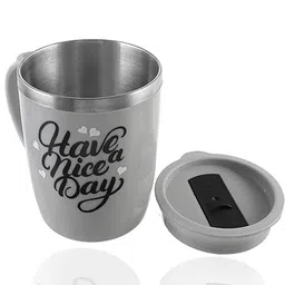 Kuber Industries Grey & Black Printed Plastic Dishwasher Safe Matte Mug With Lid-29