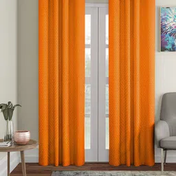 Cortina Orange Set of 2 Polka Dots Embossed Plain Polyester Long Door Curtains-50