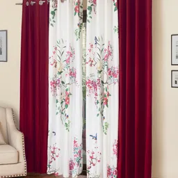 ROSARA HOME Maroon & White Set of 4 Long Door Curtains-25