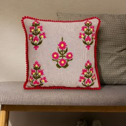 Mezposh Beige & Fuchsia Floral Embroidered Square Cushion Cover-13