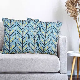 Vinayaka Fab Turquoise Blue & Black 2 Pieces Embroidered Linen Square Cushion Covers-picture-31