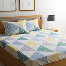 URBAN DREAM White & Green Cotton Geometric 210 TC Queen Bedsheet with 2 Pillow Covers-image-60