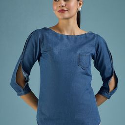 DressBerry Blue Slit Sleeve Denim Top-image-90