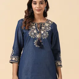 SAVI Embroidered Tie-Up Neck Three-Quarter Sleeves Denim Top-image-29