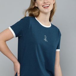 Mast & Harbour Women Blue Solid Round Neck T-shirt with Printed Detailing-image-43