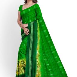 Florence Green & Cream-Coloured Floral Pure Georgette Fusion Dharmavaram Saree-46