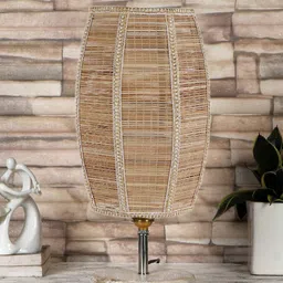 Devansh Dholak Beige & White Textured Bamboo Table Lamp With Wood Base-14