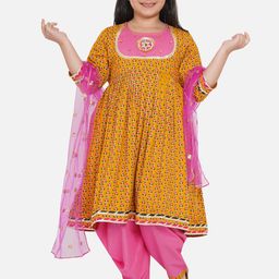 Little Bansi Girls Yellow Floral Printed Pleated Kurta with Dhoti Pants & Dupatta-image-48