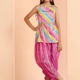 FASHION DREAM Girls Blue Bandhani Printed Regular Kurta with Dhoti Pants-picture-2