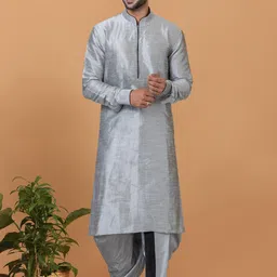 ROOTED LIBAAS Mandarin Collar Straight Dupion Silk Kurta with Dhoti Pants-image-11