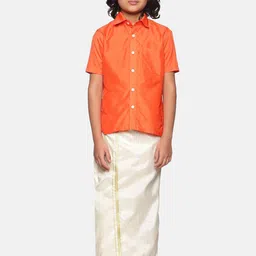 Sethukrishna Boys Orange & White Solid Shirt with Dhoti Set-98