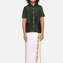 Sethukrishna Boys Green & White Solid Shirt with Dhoti Set-26