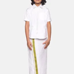 Sethukrishna Boys White & Green Cotton Shirt With Readymade Dhoti-image-51