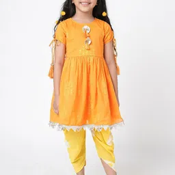 LIL DRAMA Girls Floral Embroidered Pleated Thread Work Pure Cotton Kurta With Dhoti Pants-picture-38