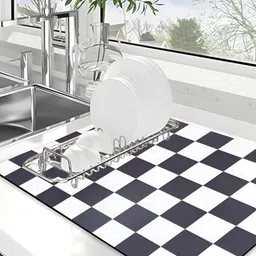 HomeCloud Black & White Checked Printed Super Absorbent Rectangle Dish Drying Mat image 1