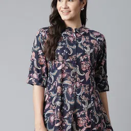 Divena Navy Blue & Beige Ethnic Motifs Print Mandarin Collar Shirt Style Top-picture-19