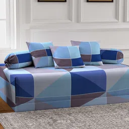 Arrabi Set Of 6 Blue & Brown Geometric Printed Diwan Set-41