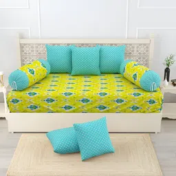 Salona Bichona  8 Pcs Green & Turquoise blue Printed Pure Cotton Diwan Set-55