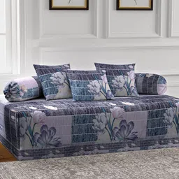 Arrabi Set of 6 Blue & Lavender Checked & Floral Diwan Set with Bolster & Cushion Cover-image-35