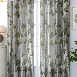COMFY HOME Green & White 2 Pieces Floral Sheer Long Door Curtains-47
