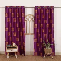 HANDICRAFT PALACE Purple & Gold-Toned Set of 2 Floral Black Out Door Curtain-39