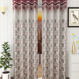 Homefab India Maroon & Black Set of 2 Floral Room Darkening Long Door Curtain-10