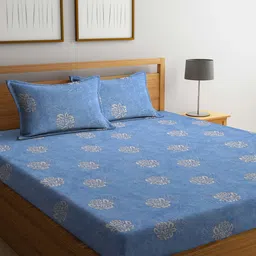 KLOTTHE Blue & White Floral Printed 400 TC Pure-Cotton Fitted Double Bedsheet Set-24