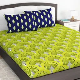 Divine Casa Olive Green & Navy Ethnic Motifs 120 TC Double King Bedsheet & 2 Pillow Covers-image-24