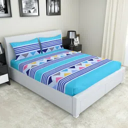 Nendle Turquoise Blue & Purple 210 TC Cotton Fitted King Bedsheet & 2 Pillow Covers-picture-11