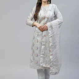 RAJGRANTH Grey Printed Chanderi Heavy Work Top With Organza Dupatta Dress Material-image-1