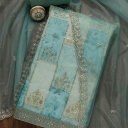 Koskii Ethnic Motifs Embroidered Sequinned Detailed Organza Unstitched Dress Material-image-4