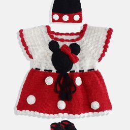 CHUTPUT Red & White Colourblocked Jumper Dress with Beanie and Booties-27