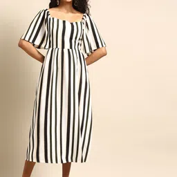 DODO & MOA Women White & Black Striped A-Line Dress-image-36