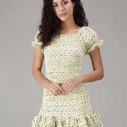 smisingbee Polka Dot Printed Smocked Puff Sleeves Sheath Dress-image-79
