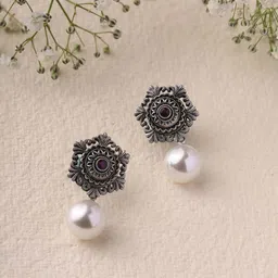 Priyaasi Silver-Plated Pearl Beaded Oxidised Contemporary Drop Earrings-13
