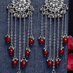 KARATCART Red & Oxidised Silver-Plated Kundan Tassel Classic Drop Earrings-picture-40