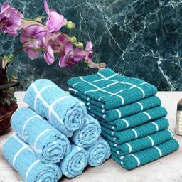 Athom Living Blue & Teal Green 12 Pieces Checked Cotton 150 GSM Soft Hand Towels-15