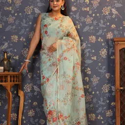 House of Pataudi Floral Printed Gotta Patti Organza Saree-22