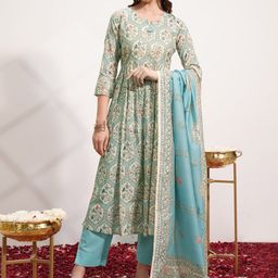 Vishudh Blue & White Floral Printed Regular Kurta with Trousers & Dupatta-picture-46