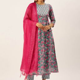 HERE&NOW Women Pink Floral Printed Panelled Pure Cotton Kurta with Trousers & With Dupatta-image-34