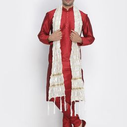 VASTRAMAY Mandarin Collar Regular Straight Kurta With Churidar & Dupatta-image-70