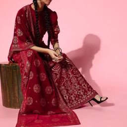 Juniper Maroon & Gold-Toned Foil Printed Velvet Lehenga Choli Dupatta Set-17