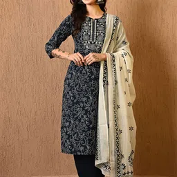 KEOSA Women Floral Printed Regular Pure Cotton Kurta with Trousers & With Dupatta-27