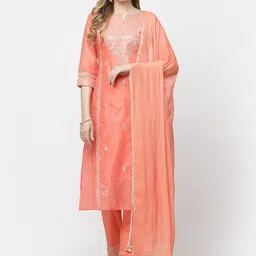 YELLOW CLOUD Ethnic Motifs Embroidered Chanderi Cotton Kurta with Trousers & Dupatta-picture-53