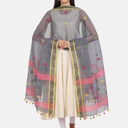 THE WEAVE TRAVELLER Grey & Yellow Ethnic Motifs Woven Design Dupatta-picture-57