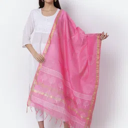 LOOM LEGACY Pink & White Ethnic Motifs Woven Design Cotton Silk Dupatta with Zari-picture-17