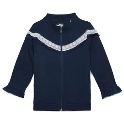 UNDER FOURTEEN ONLY Girls Navy Blue Lace Detailed Front Open Cotton Sweatshirt-image-21