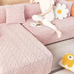 HOUSE OF QUIRK Pink Self-Designed Jacquard 3-Seater Sofa Cover With Arms-picture-11